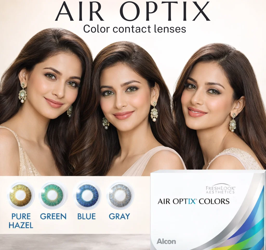 Alcon Air Optix Colour Contact Lenses showing Grey, Blue, Pure Hazel, Sterling Grey, Brown, Green, Gemstone Green, Honey and Brilliant Blue shades