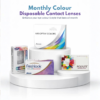 Monthly colour disposable contact lenses displayed on white podium including Air Optix Colors, FreshLook Colorblends, Celebration and Polylite with Order Now button.