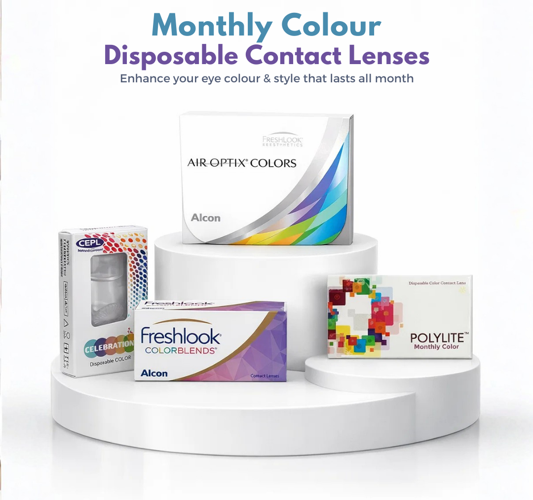 Monthly colour disposable contact lenses displayed on white podium including Air Optix Colors, FreshLook Colorblends, Celebration and Polylite with Order Now button.
