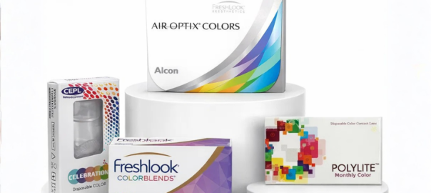 Monthly colour disposable contact lenses displayed on white podium including Air Optix Colors, FreshLook Colorblends, Celebration and Polylite with Order Now button.